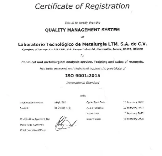 GCL CERTIFICATE OF REGISTRATION LTM Laboratorio Tecnológico de Metalurgia